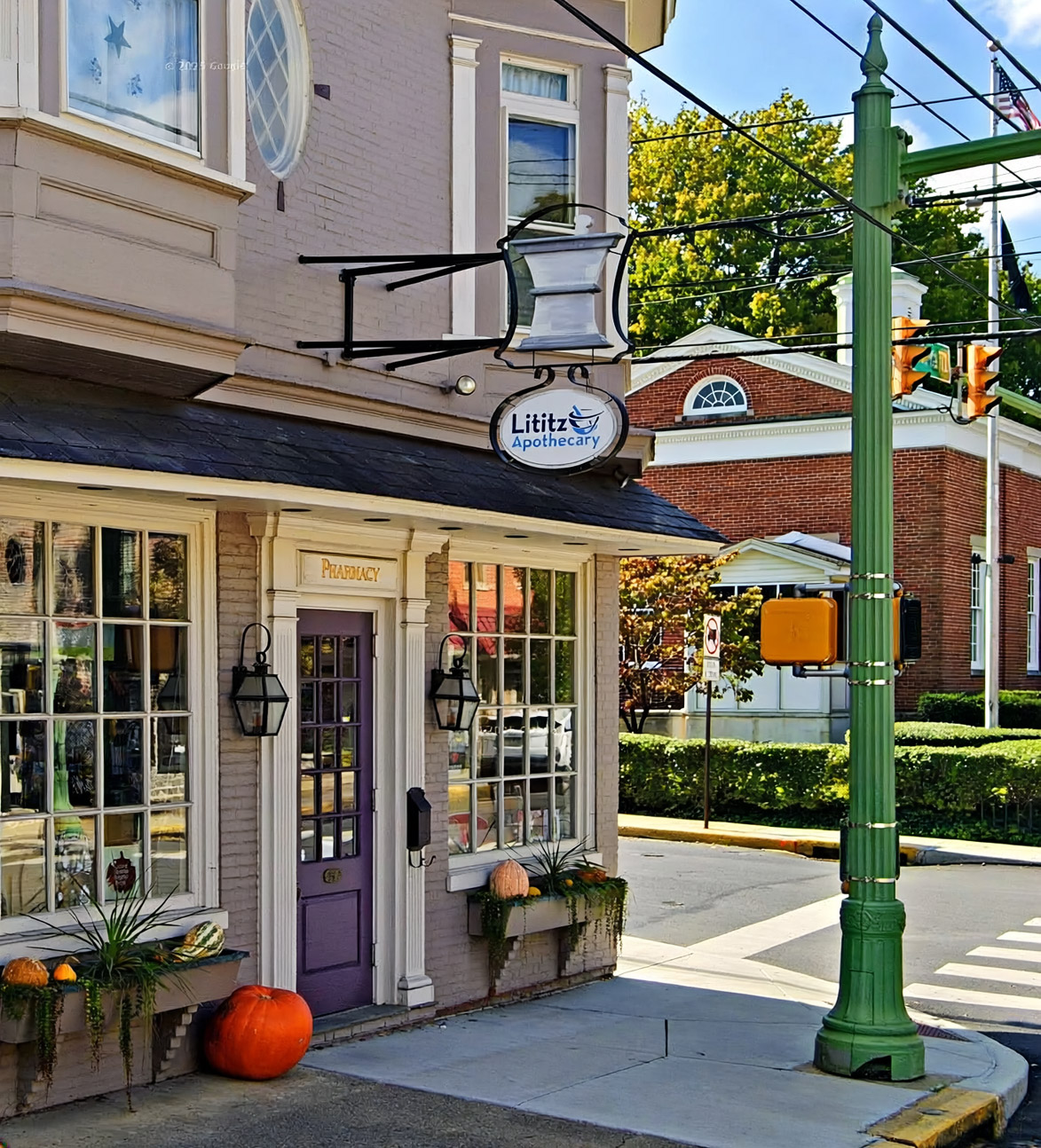 Lititz Apothecary storefront on East Main Street in Lititz, Pennsylvania