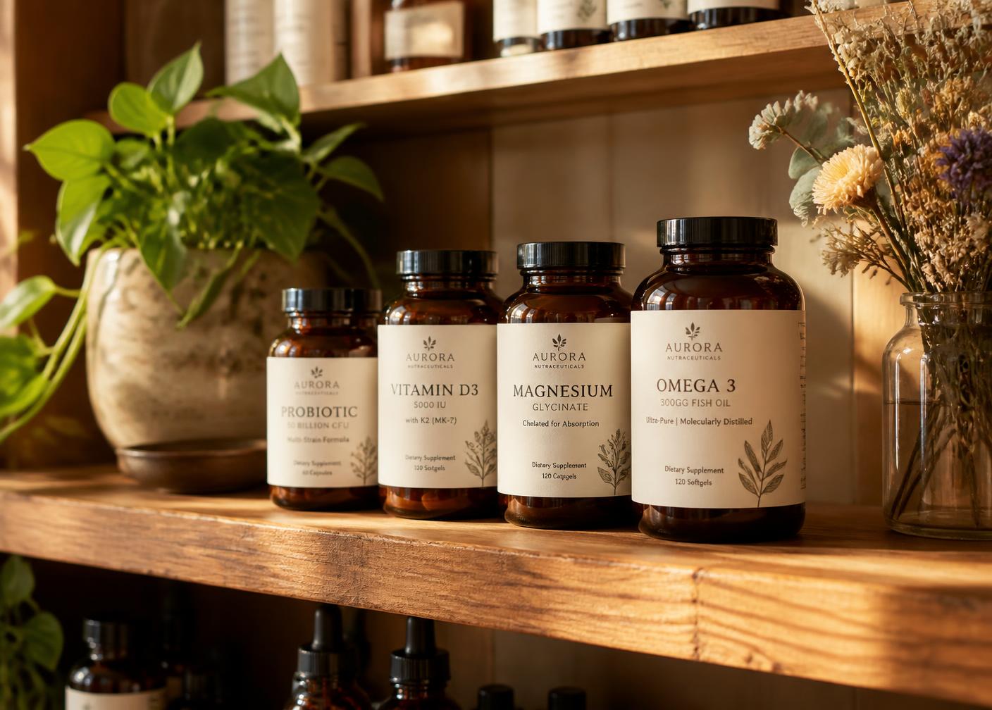 Supplement bottles arranged on a pharmacy counter