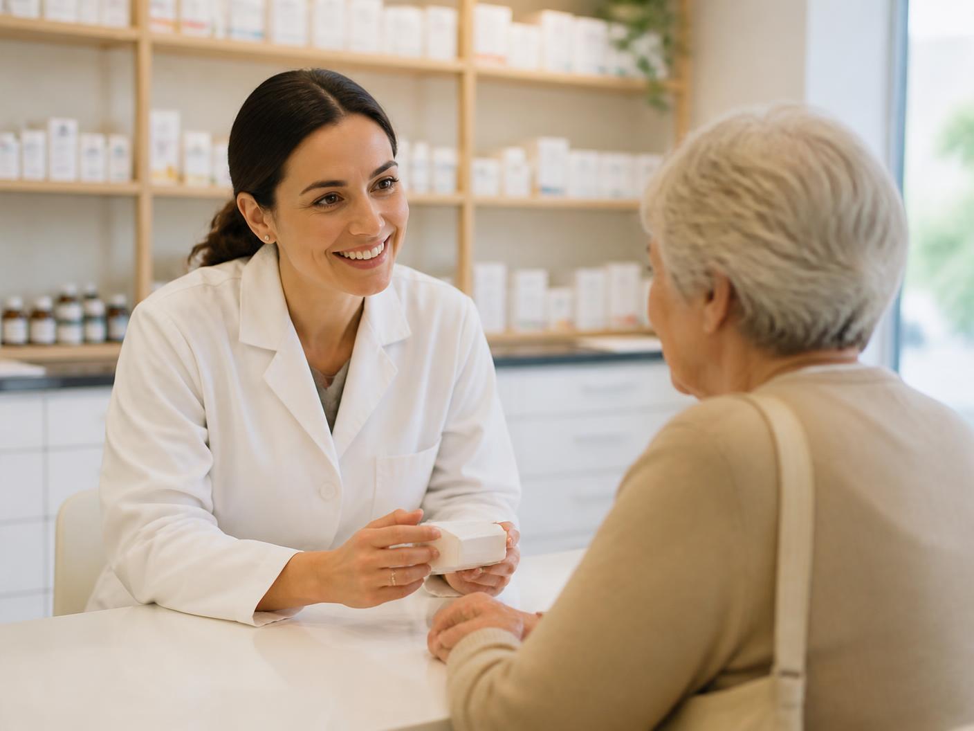Pharmacist consulting with a patient at the counter