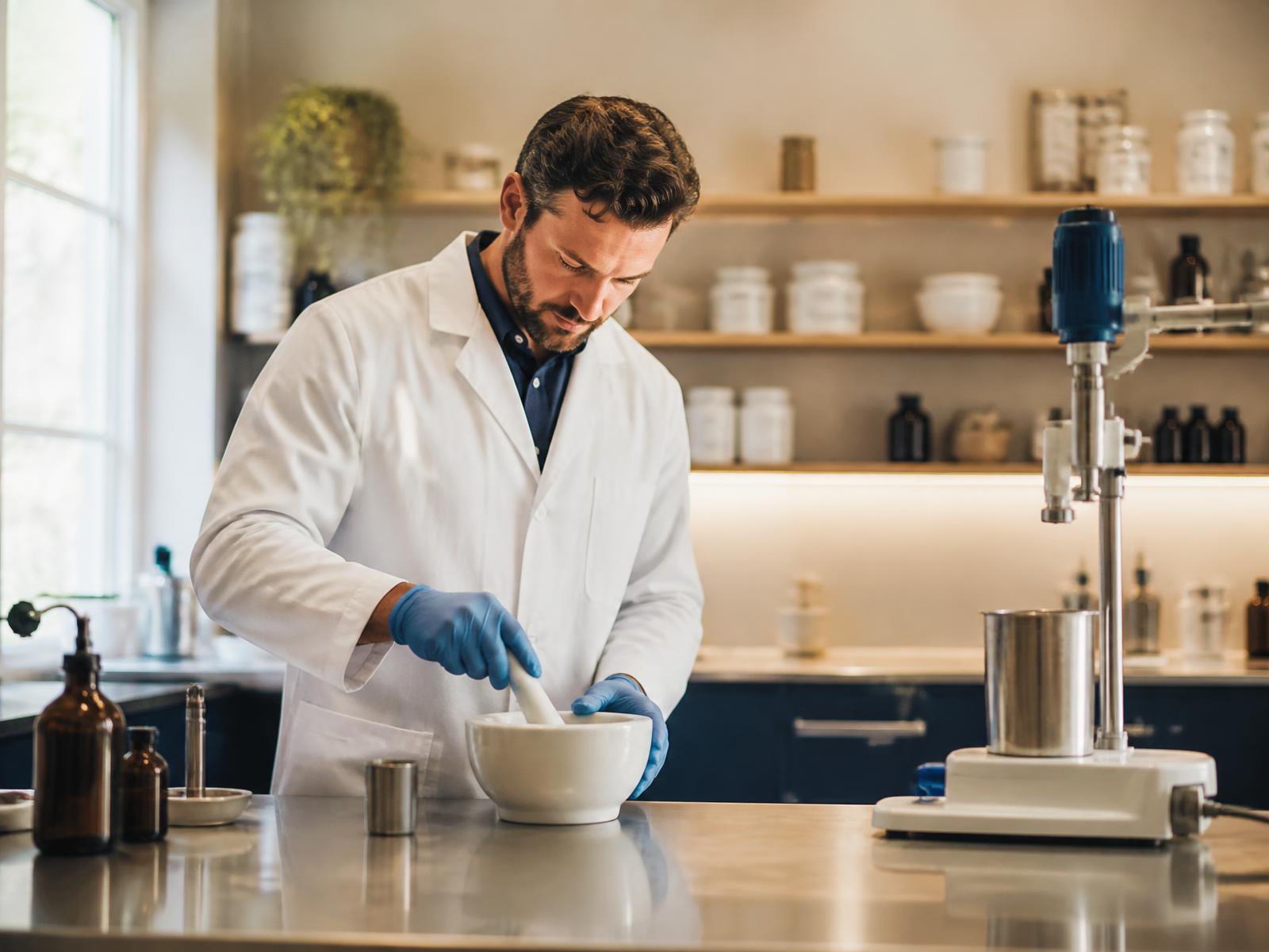 Pharmacist compounding a prescription with a mortar and pestle in the Lititz Apothecary lab
